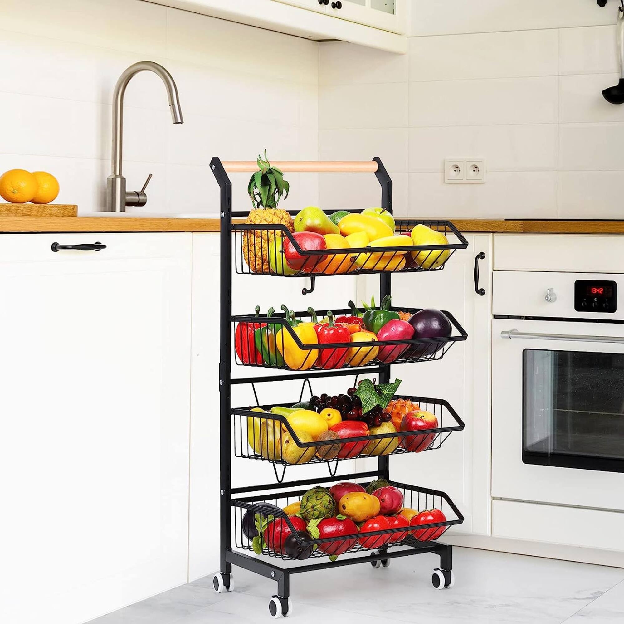 Black 4 Tier Fruit Vegetable Storage Basket Rolling Cart